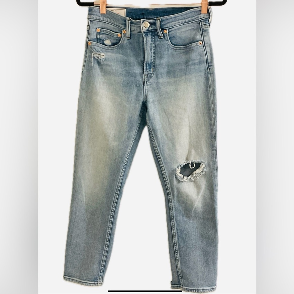 GAP Women's Trendy Cigarette High Rise Cropped Jeans in Distressed Light Blue